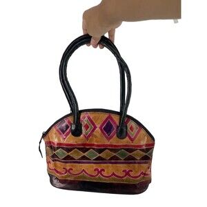VTG Hand Painted Art Boho Southwestern Geometric Leather Shoulder Bag Tote Purse